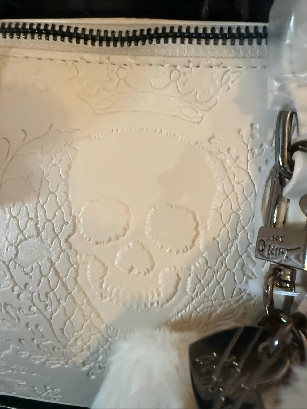 Betsey Johnson Cream Embossed Dome Satchel with Heart Charm